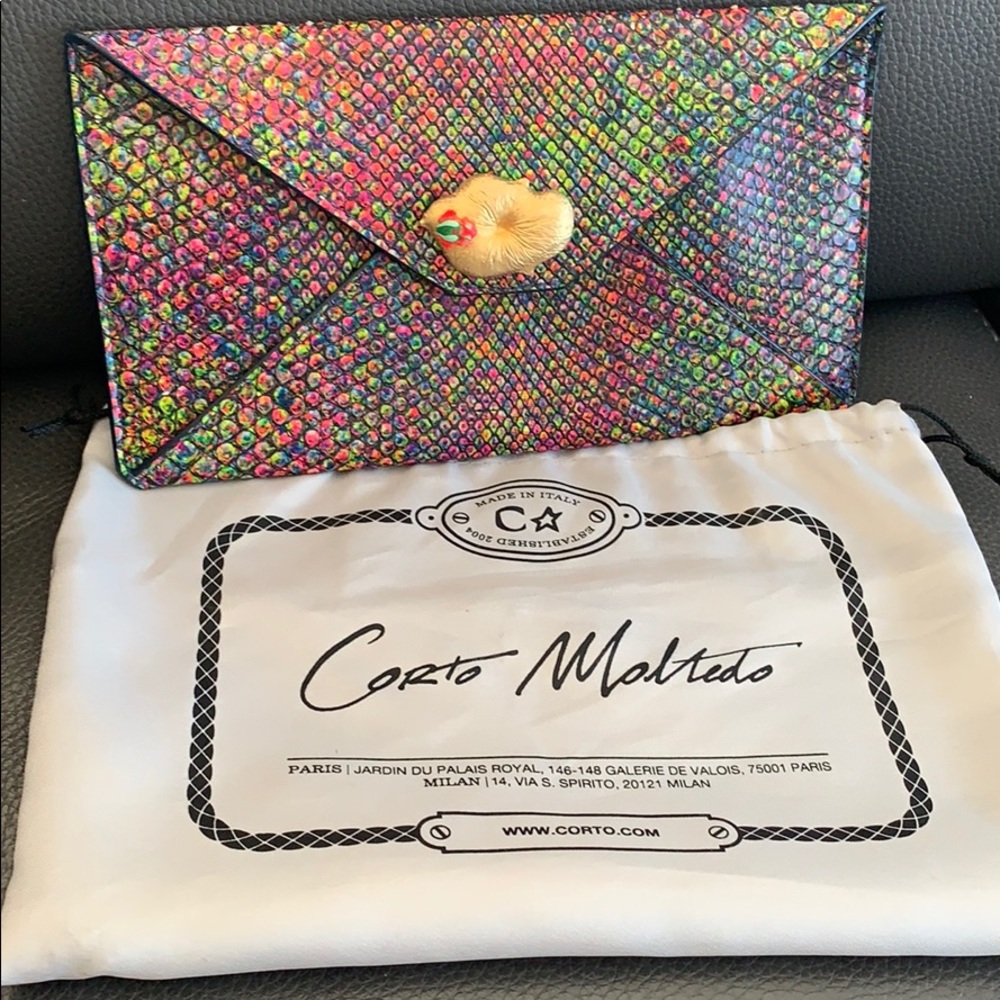 Multicolored leather Corto Moltedo clutch w/ frog